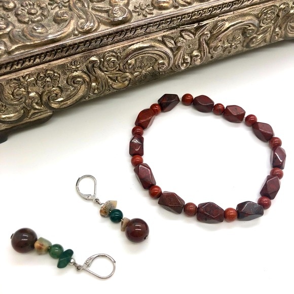 Vintage Tumbled Jasper Stone Bracelet & Earrings - Picture 1 of 13